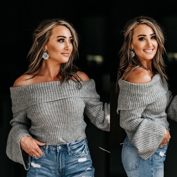 Grey off the shoulder ribbed fall sweater bell - Picture 5 of 5